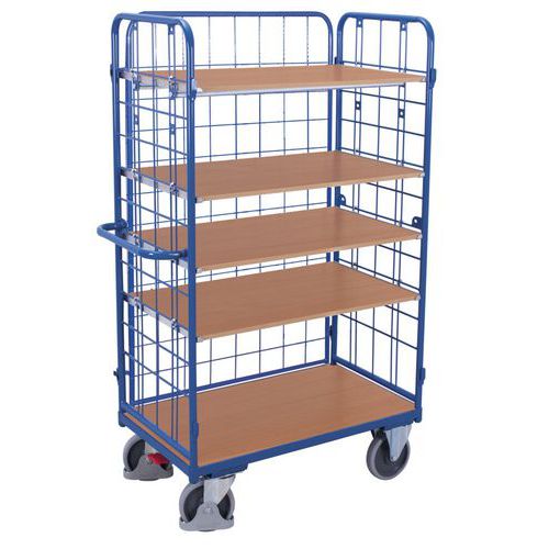Chariot haut ergonomique grillagé 5 plateaux bois - Capacité 500 Kg