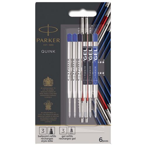 Nachfüllpackungsset Parker, 3 Gel + 3 Kugelschreiber, schwarz und blau - Parker