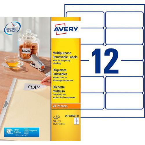 Neu positionierbare weiße Etiketten Avery - Bedruckbar mit Laser- und Tintenstrahldruckern sowie Kopierern