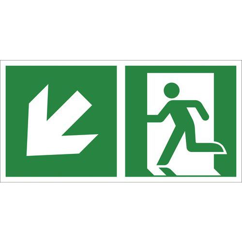 Rettungszeichen ISO 7010, 400 x 200 mm, Rettungsweg (abwärts) + Richtungspfeil links-abwärts