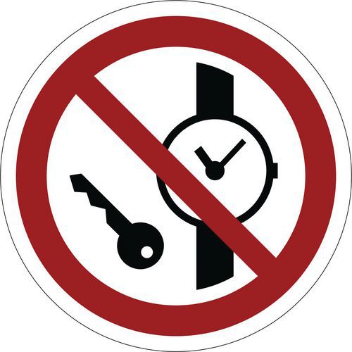 Verbotszeichen ISO 7010, Mitführen von Metallteilen oder Uhren verboten, Kunststoff-Folie, selbstklebend