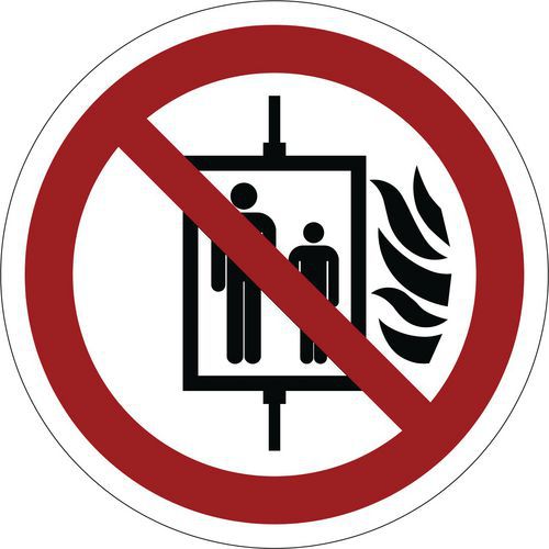 Panneau d'interdiction ISO 7010, Interdiction d'utiliser l'acenseur en cas d'incendie, PVC, Autocollant
