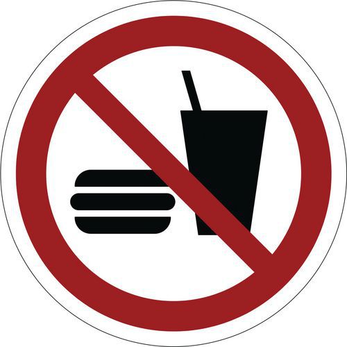 Verbotszeichen ISO 7010, Essen und Trinken verboten, Kunststoff-Folie, selbstklebend