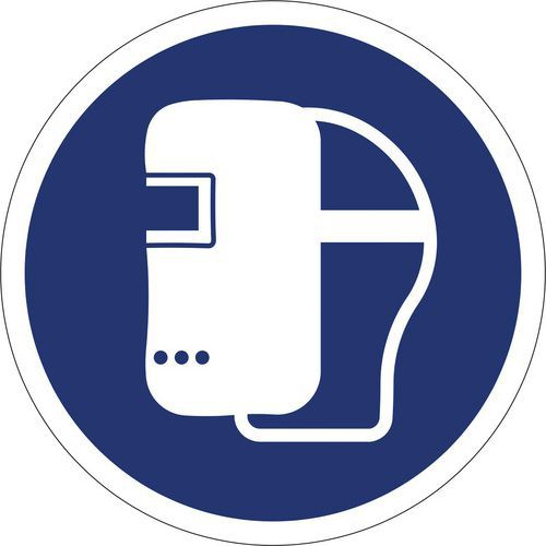 Gebotszeichen ISO 7010, Schweissmaske benutzen, Kunststoff-Folie, selbstklebend