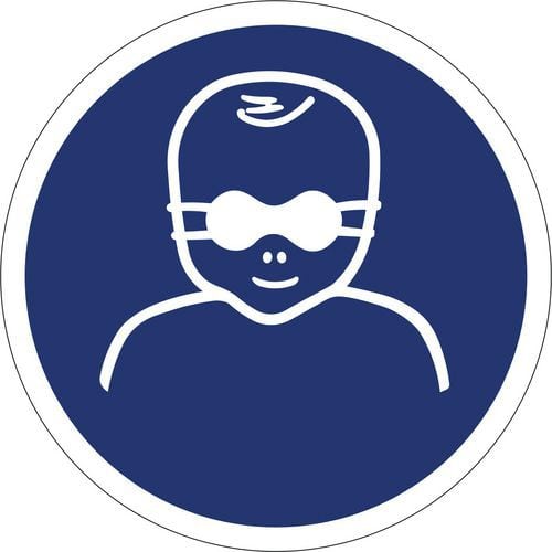Gebotszeichen ISO 7010, Kleinkinder durch weitgehend lichtundurchlässige Augenabschirmung schützen