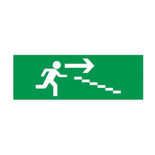 Schild für Evakuierung - „Feuertreppe, Abstieg rechts“ - starr