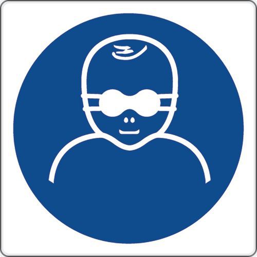 Gebotsschild - Kinder durch weitgehend lichtundurchlässige Augenabschirmung schützen - Aluminium