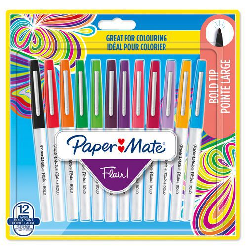 Boîte de 12 stylos feutre Flair® - pointe large assortis - Papermate