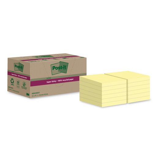 Super Sticky Notes, recycelt, 47,6 x 47,6 mm, 12 Blöcke gelb