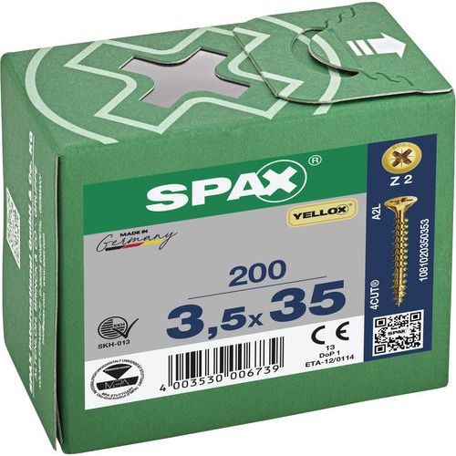 Packung mit Senkkopf-Universalschrauben Yellox PZ Ø 3 bis 5 mm – Spax