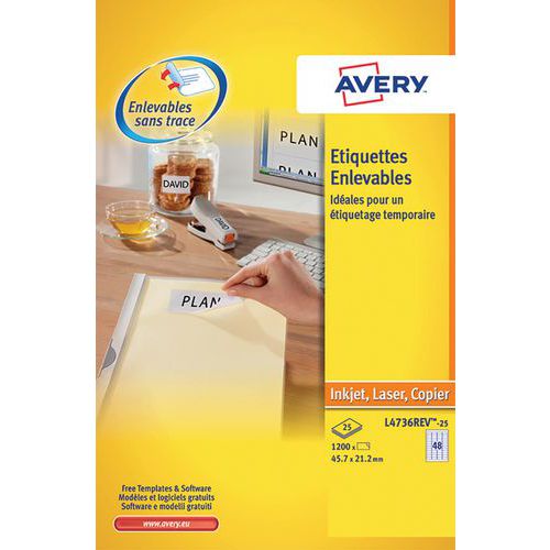 Neu positionierbare weiße Etiketten Avery - Bedruckbar mit Laser- und Tintenstrahldruckern sowie Kopierern