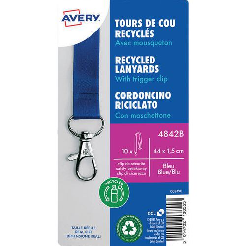 Tour de cou badge recyclé avec mousqueton - Avery Tour de cou badge recyclé avec mousqueton - Avery