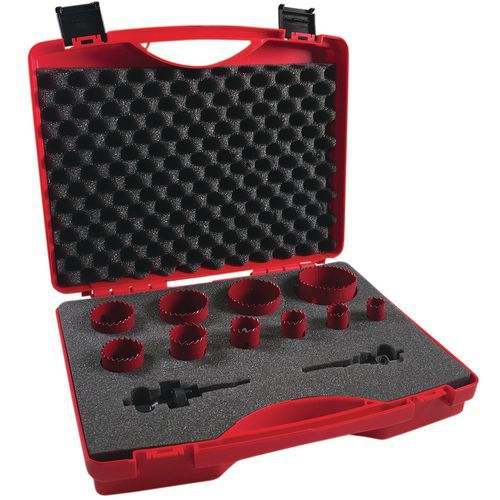 Jeu 10 scies cloches bi-métal HSS Ø 19 à 64mm - Manutan Jeu 10 scies cloches bi-métal HSS Ø 19 à 64mm - Manutan