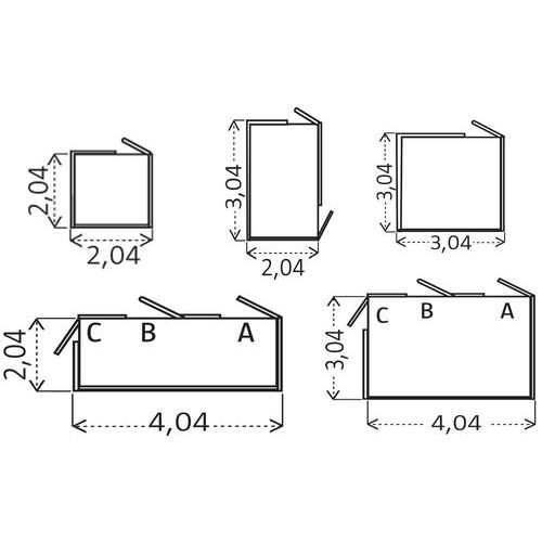 Türenanordnung A, B oder C bitte bei der Bestellung angeben. Die Türen öffnen sich nach aussen. Alle Maße werden in m angegeben.