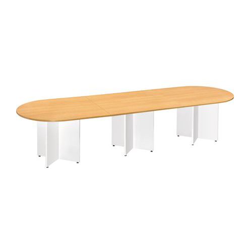 2 tables 1/2 ovales + 1 table d'extension avec plateau hêtre et pieds croix 2 tables 1/2 ovales + 1 table d'extension avec plateau hêtre et pieds croix