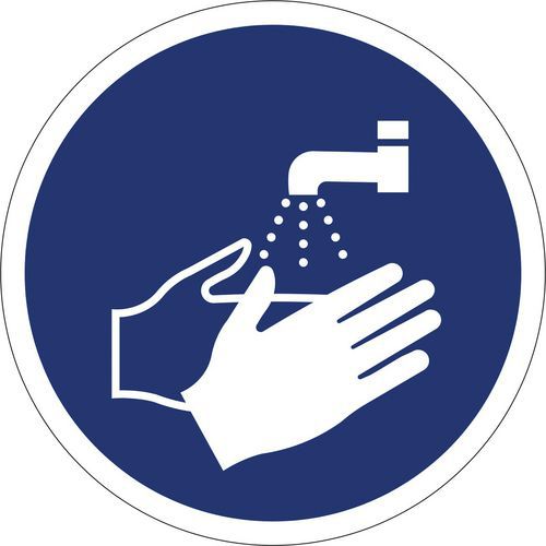 Panneaux d'obligation ISO 7010, Lavage de mains obligatoire, PVC, Adhésif Panneaux d'obligation ISO 7010, Lavage de mains obligatoire, PVC, Adhésif