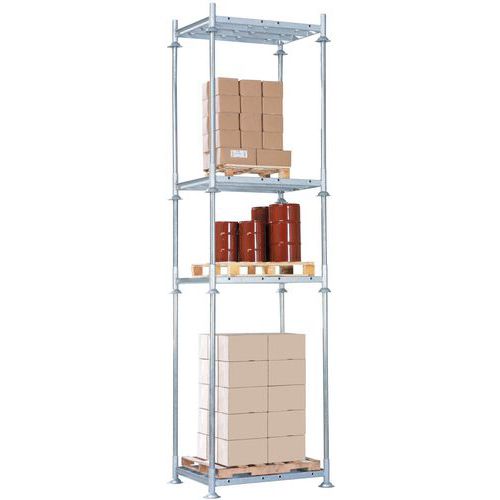 configuration d'un rack Manurack comprenant, de bas en haut :- 1 rack Manurack (1 plateau + 4 pieds)- 4 chandelles hauteur 2100 mm (en option)- 1 rack Manurack (1 plateau + 4 pieds)- 4 chandelles 