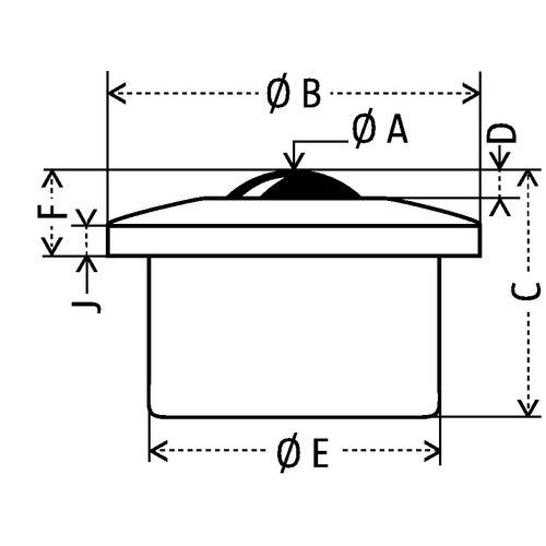 Bille avec carter usiné :- Ø A : bille Ø- Ø B : Ø hors tout- C : hauteur hors tout- D : dépassement de la bille- Ø E : Ø utile- F : dépassement dtotal- J : platine ép. Bille avec carter usiné :- Ø A : bille Ø- Ø B : Ø hors tout- C : hauteur hors tout- D : dépassement de la bille- Ø E : Ø utile- F : dépassement dtotal- J : platine ép.