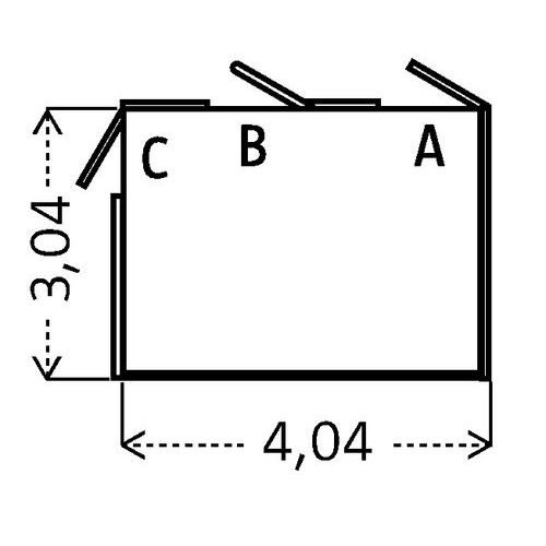 Position der Türen A, B oder C bitte bei der Bestellung angeben. Die Türen öffnen nur nach außen. Abmessungen über alles in m.